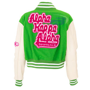 อัลฟ่า |   คาปา |   เสื้อแจ็คเก็ตวาร์ซิตี้ Alpha Sorority สีเขียว สำหรับปักโลโก้ กันลม ระบายอากาศได้ดี สำหรับ AKA Sorority แบบสั่งทำพิเศษ - Product Image 2