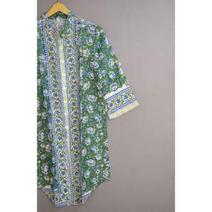 Lo último en ropa de playa con estampado Floral de bloque de mano indio, Túnica Midi para mujer, vestidos informales con decoración de botones, tamaño libre - Product Image 2