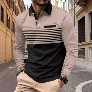 Wholesale New <b>Men's</b> Long Sleeve for POLO <b>Shirt</b> Casual Plus Size Tops Striped Printed Clothes - Product Image 4
