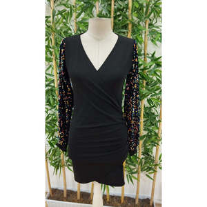 Women's Long Sleeve Sequin Embellished Wrap Neckline Side <b>Button</b> Short Imported Crepe <b>Dress</b>, 37751 - <b>Black</b> - Product Image 4