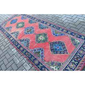Turkish <b>Runner</b> Rug 4.1x10.6 ft (126x323 cm), Vintage <b>Red</b> Floral Wool Rug - Product Image 4
