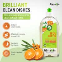 Liquide vaisselle AlmaWin RTS 1 500ml, parfum mandarine bio, puissant dégraissant, savon à vaisselle végétalien, prêt à être expédié