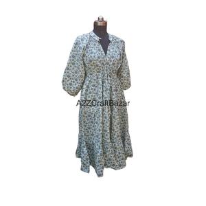 100% coton col en v coupe ample robe mi-longue bloc de main imprimé motif floral 3/4 manches bouton fermeture respirant quotidien naturel - Product Image 5