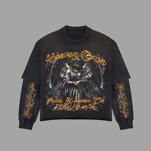 High Quality Acid Wash Graphic Boxy Waffle Hip Hop High Quality for Men Double Layer Oversized <b>Long</b> Sleeve <b>Tshirt</b> - Product Image 3