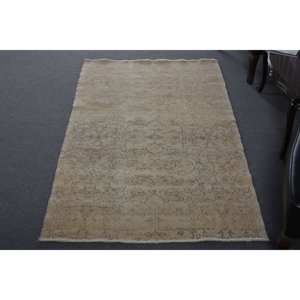 Alfombra turca clásica Beige de 3,9x6,8 pies, piel de lana hecha a mano, patrón de retazos Rectangular para sala de estar, alfombras de noche con respaldo de látex - Product Image 1