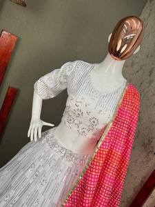 ชุดแต่งงานของนักออกแบบอินเดียที่สวยงาม Georgette Lehenga ชุด Georgette พร้อมด้ายฝ้ายหนักลําดับงานชาติพันธุ์ Lehenga - Product Image 3