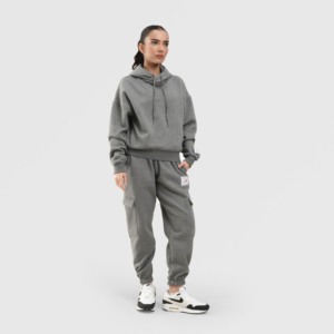 Sweat à capuche oversize Reeder en tissu tricoté respirant gris avec décoration de badge - Product Image 4