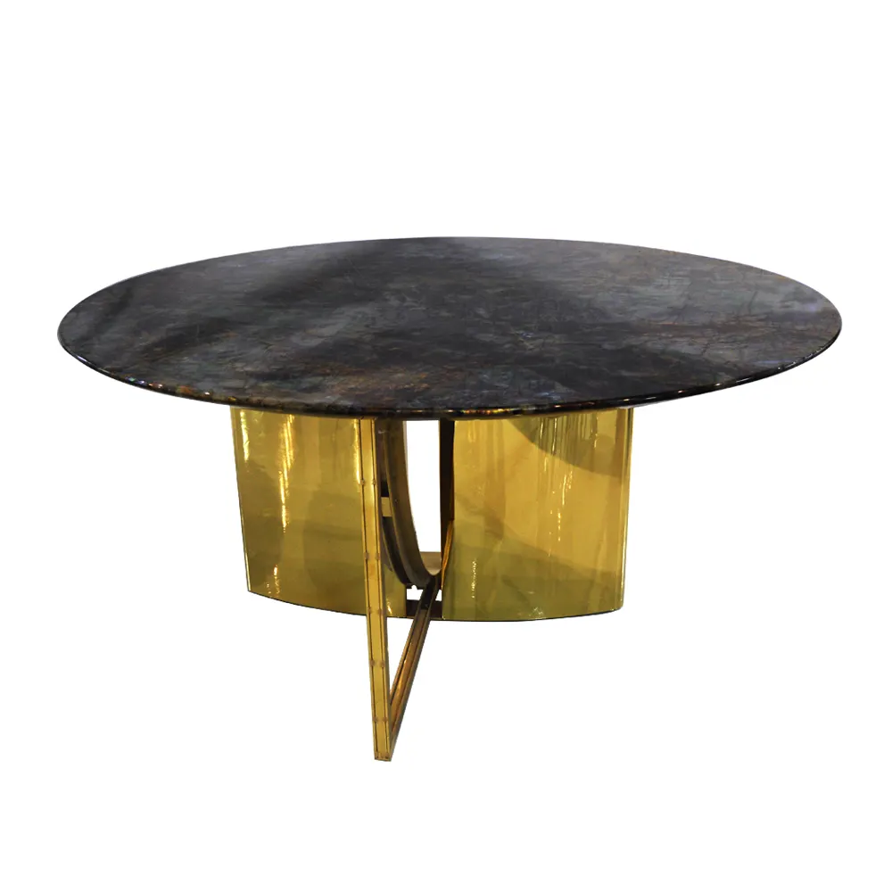 Sala da pranzo moderna lusso unico oro acciaio inossidabile metallo gamba incrociata pietra tavolo da pranzo in marmo