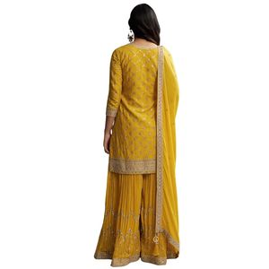 Traje amarillo Chinon Palazzo con bordado de lentejuelas Venta al por mayor Mujeres Étnicas OEM Fábrica de ropa Proveedor a granel Moda personalizada - Product Image 5