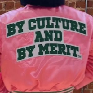 AKA pembe Vintage mahsul bombacı ceket yunan giyim saten Flyest bakmak kaburga manşetleri işlemeli yamalar zamansız Sorority tarzı - Product Image 4