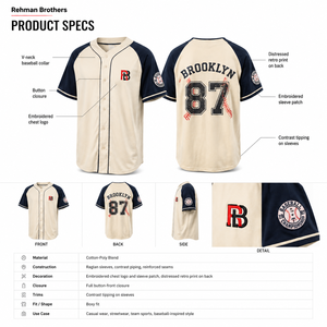 Vintage Style Custom Baseball Jersey-<b>Men's</b> <b>Retro</b> Cotton Poly Sports <b>Shirt</b> for Cream Navy Boxy Fit - Product Image 5