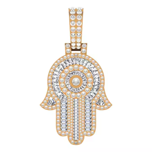 Venta caliente encanto Hip Hop Mini Iced Out Baguette 14K oro Moissanite Fátima Hamsa mano colgante - Product Image 1