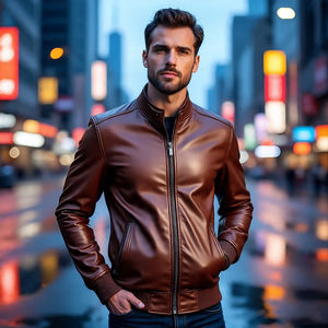 แจ็กเก็ตหนังแฟชั่นสำหรับผู้ชายแจ็กเก็ตหนังพียูคอตั้งมีซิปหลายกระเป๋า - Product Image 6