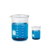 Bécher en verre CISCO 500 ml et 250 ml avec graduations bleues, modèle à faible profil avec bec verseur CISCO-1953 pour usage en laboratoire et éducatif