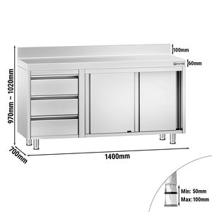 Armario de suelo de acero inoxidable PREMIUM - 1400x700mm - con puertas correderas - con 3 cajones a la izquierda y encimera - Product Image 2