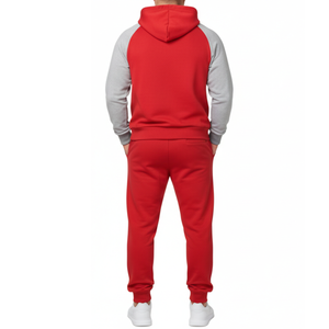 Chándal clásico rojo y gris claro para hombre |   Sudadera con capucha de manga raglán en contraste y pantalones rojos lisos a juego - Product Image 2