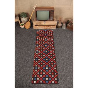Tapis turc KLM 2,2x6,9 pieds, tapis vintage géométrique arc-en-ciel marron - Product Image 1