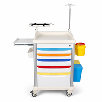 Chariot d'urgence médical professionnel, design moderne, 5 tiroirs verrouillables, 4 roulettes, construction en plastique durable, chariot d'hôpital