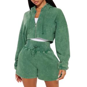 Conjunto de 2 piezas para mujer 2026: Sudadera con capucha y cremallera de forro polar, lavado ácido, color liso, estilo casual de invierno, ecológico, para streetwear y jogging, y pantalones cortos. - Product Image 1