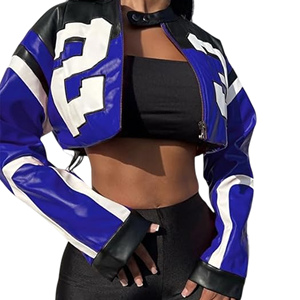 Mode 23 veste en cuir courte pour femmes élégant bleu noir motard manteau court coût raisonnable en vente - Product Image 1