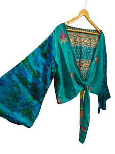 Tops courts en soie douce Chemisier à manches cloche en soie, veste courte à enveloppement floral Paisley, cadeau pour son haut court indien, - Product Image 5