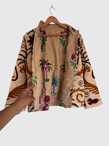 Veste en lin brodée florale, col mandarin, manches longues, manches lanternes, grande taille, style Prairie Chic, vêtements d'automne pour femmes - Product Image 3