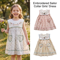 Jiefute – robe d'été en coton pour petites filles de 2 à 7 ans, avec poche en forme de cœur, sans manches, motif floral, col marin brodé