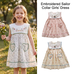Jiefute Abito da bambina con tasca a forma di cuore, senza maniche, con motivo floreale, colletto da marinaio ricamato, abito estivo in cotone per bambini 2-7 anni - Product Image 1