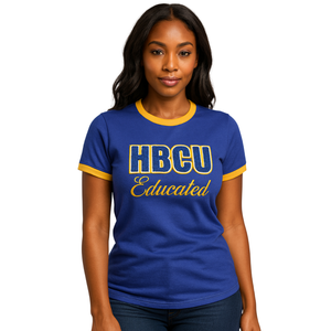HBCU Educated <b>Women</b> Chenille Contrast Trim Ringer <b>T</b> <b>Shirt</b> Blue with Gold Embroidered Letters Cotton Collegiate Greek Apparel - Product Image 1