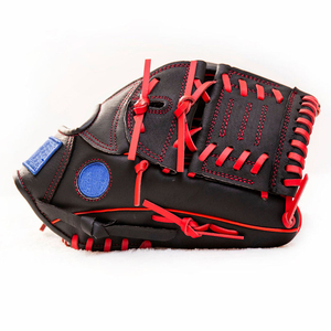 Gant de baseball en cuir noir avec surpiqûres rouges et accents bleus, fermeture auto-agrippante, respirant, léger, unisexe, pour sports de plein air - Product Image 6