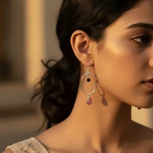 ต่างหูทรงหยดน้ำรูปไข่สำหรับผู้หญิง เงินแท้ 925 ประดับพลอยสีชมพู เครื่องประดับแฟชั่น - Product Image 1