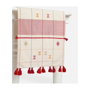 Chemin de table géométrique moderne en coton 100% brodé avec bordure pompon rouge, 160 GSM, 90 pouces, style artisanal, décoration indienne, OEM ODM UPS - Product Image 6