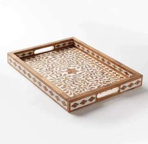 Bandeja con incrustaciones de madera de diseño Floral, utensilios de cocina, bandeja de servicio hecha a mano india, bandeja de servicio para el hogar/hotel con incrustaciones de madera de lujo y alta calidad - Product Image 1