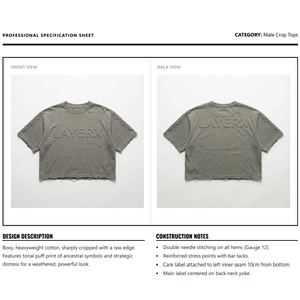 Men High GSM 100% Cotton Boxy <b>Fit</b> <b>Crop</b> Top <b>T</b>-<b>Shirt</b> Custom 3D Embossed Logo Raw Hem Distressed Streetwear Eco-Friendly Breathable - Product Image 6