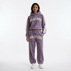 Conjunto de Sudadera con Capucha y Pantalones Deportivos para Mujer, Personalizado, Color Morado con Paneles en Contraste, Felpa de Algodón, Lavado Ácido, Ropa Deportiva Urbana, Venta al Por Mayor OEM - Product Image 1