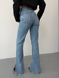 Vaqueros acampanados de mezclilla lavado claro para mujer, cintura media, corte regular, con cinturón y abertura frontal, estilo High Street - Product Image 3