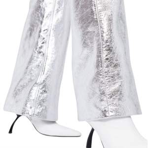 Zadig & Voltaire Metallic High Waisted <b>Trousers</b> Silver Tone Soft Goatskin Straight Leg Contemporary Fashion Luxury Pants - Product Image 5