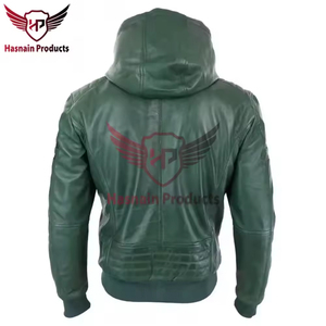 Blouson Homme en Cuir Véritable Vert avec Capuche, Rayures Noires Style Racing, en Cuir de Vachette, Bordure en Tricot Côtelé, Classique et Personnalisé, Chaud pour l'Hiver - Product Image 3