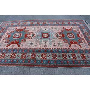 Tapis turc surdimensionné 6,9x11 pieds, tapis en laine rouge bleu à pois vintage - Product Image 4