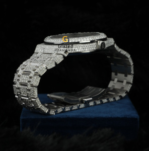 Sáng bóng tròn rực rỡ cắt moissanite kim cương hoàn toàn đá ra hip hop tùy chỉnh quay số bên mặc đồng hồ cho nam giới - Product Image 4