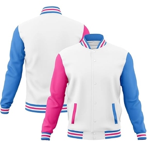 <b>Men</b> Multi Color Custom Varsity <b>Jacket</b> Vibrant <b>White</b> Pink and Blue Panel Design with Striped Accents - Product Image 1