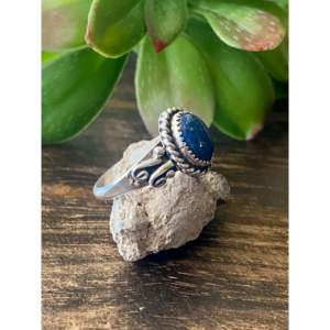 Navajo-Made 14k Platinum <b>Ring</b> Lapis Turquoise Gemstone Rhodium Plated Rhodium Paved Cut Everyday Wear Sterling Silver Setting - Product Image 3