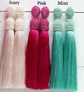Pendientes de borla de colores de seda estilo borla pendientes de mujer pendientes largos joyería con abalorios menta marfil rosa - Product Image 1