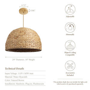 Cuenco de ratán de jacinto de agua Natural de 24 pulgadas, luz colgante enchufable, accesorio para comedor, cocina, dormitorio, producto, herramienta de torneado - Product Image 2