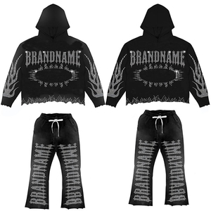 Conjunto de pantalones de chándal y Sudadera con capucha acampanados con diamantes de imitación OEM Fabricante personalizado Pantalones apilados holgados de cintura doble Sudadera con cremallera - Product Image 5