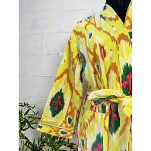 Luxury Unisex Robe Luxury Velvet House <b>Kimono</b> <b>Jacket</b> Reversible <b>Silk</b> Lined Elegant Ikat Yellow Malibu Bluish XL Perfect Autumn - Product Image 4