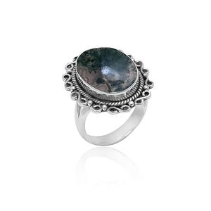 925 Sterling Silver Girls Wedding Jewelry Handmade <b>Green</b> <b>Moss</b> Agate Anniversary Ring Rhodium-Plated with 925 Stamped for Parties - Product Image 1