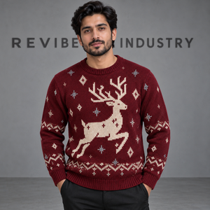 Pull tricoté personnalisé pour homme, motif renne de Noël, jacquard bordeaux, col rond, pour l'hiver et les fêtes, vente en gros OEM - Product Image 1