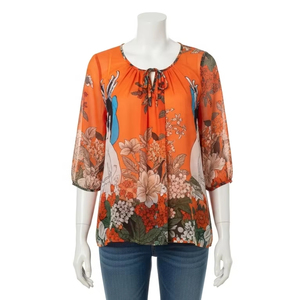 Chemisiers en mousseline de soie imprimés par transfert thermique, tissu léger et doux, respirant, haut de mode féminine, vêtements décontractés, fournisseur de design personnalisé - Product Image 1