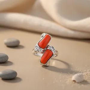 Bague en argent plaqué or rose et or avec pierre précieuse corail, bijoux en acier inoxydable tendance pour femmes, style tendance - Product Image 2